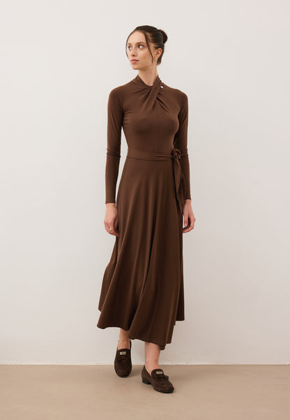 Brown midi dress with decorative twist ROTTA