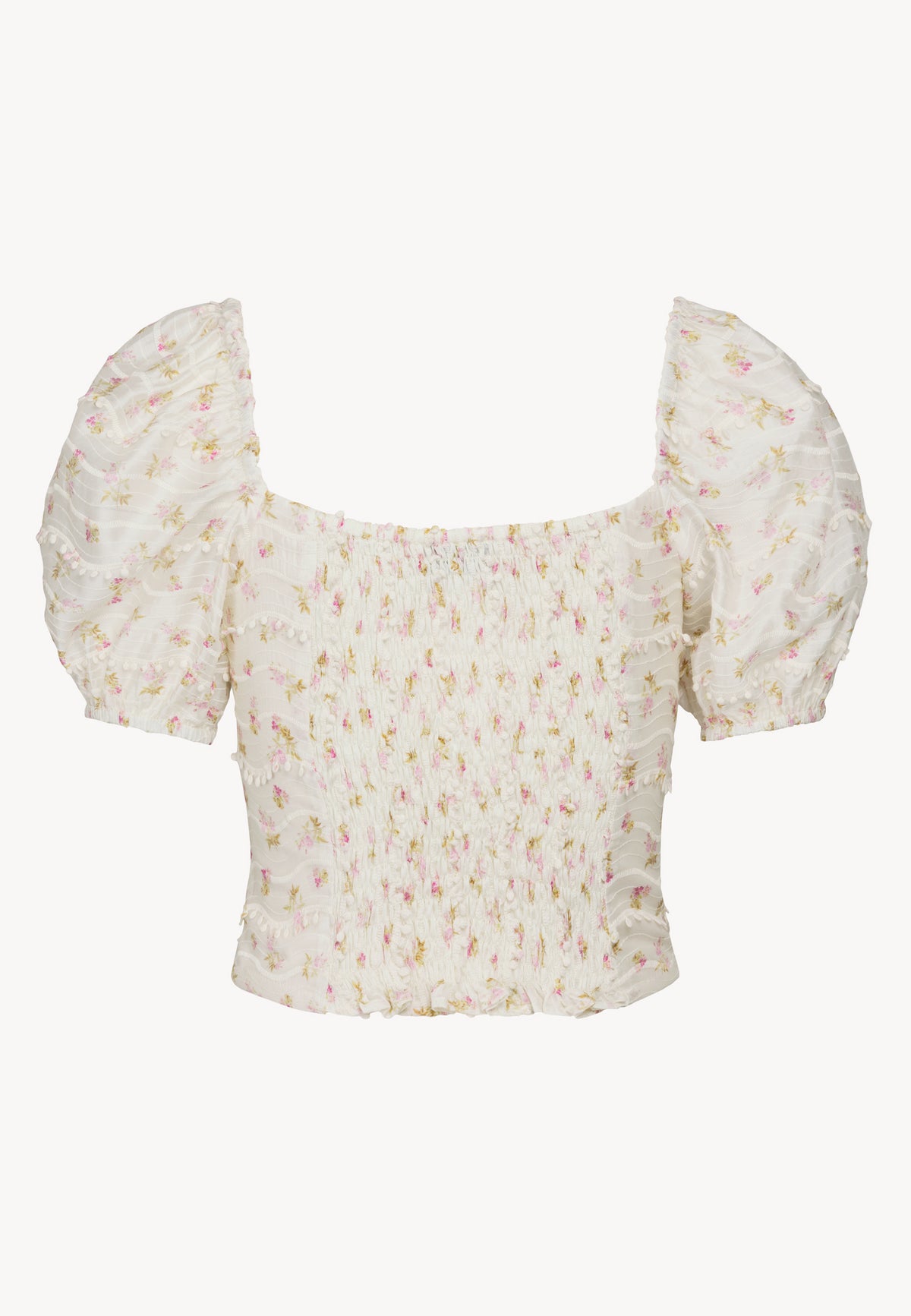 The back of the VANESSA top with buff sleeves in a floral print.