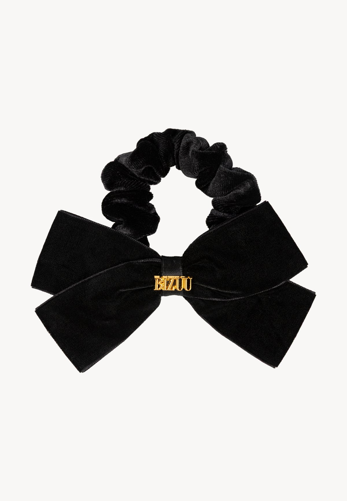 Black velvet VELOURA scrunchie with decorative bow and gold logo.