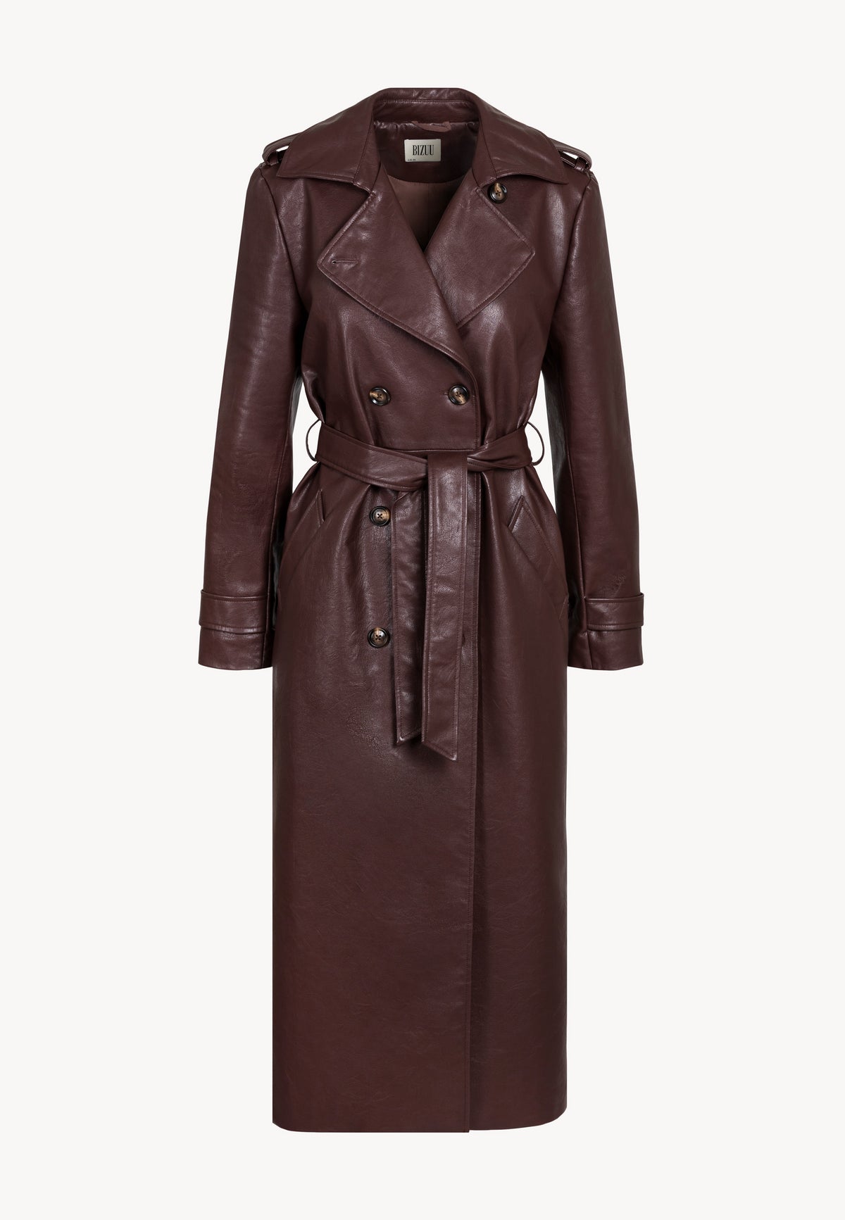 Brown faux leather coat tied at the waist by VENEKIA.