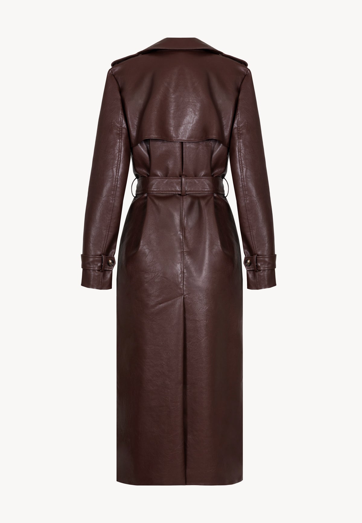 The back of the brown eco-leather coat tied at the waist VENEKIA.