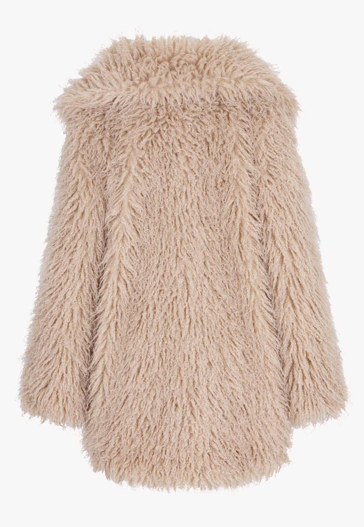 Back view of the beige long-hair VICENZA faux fur coat.