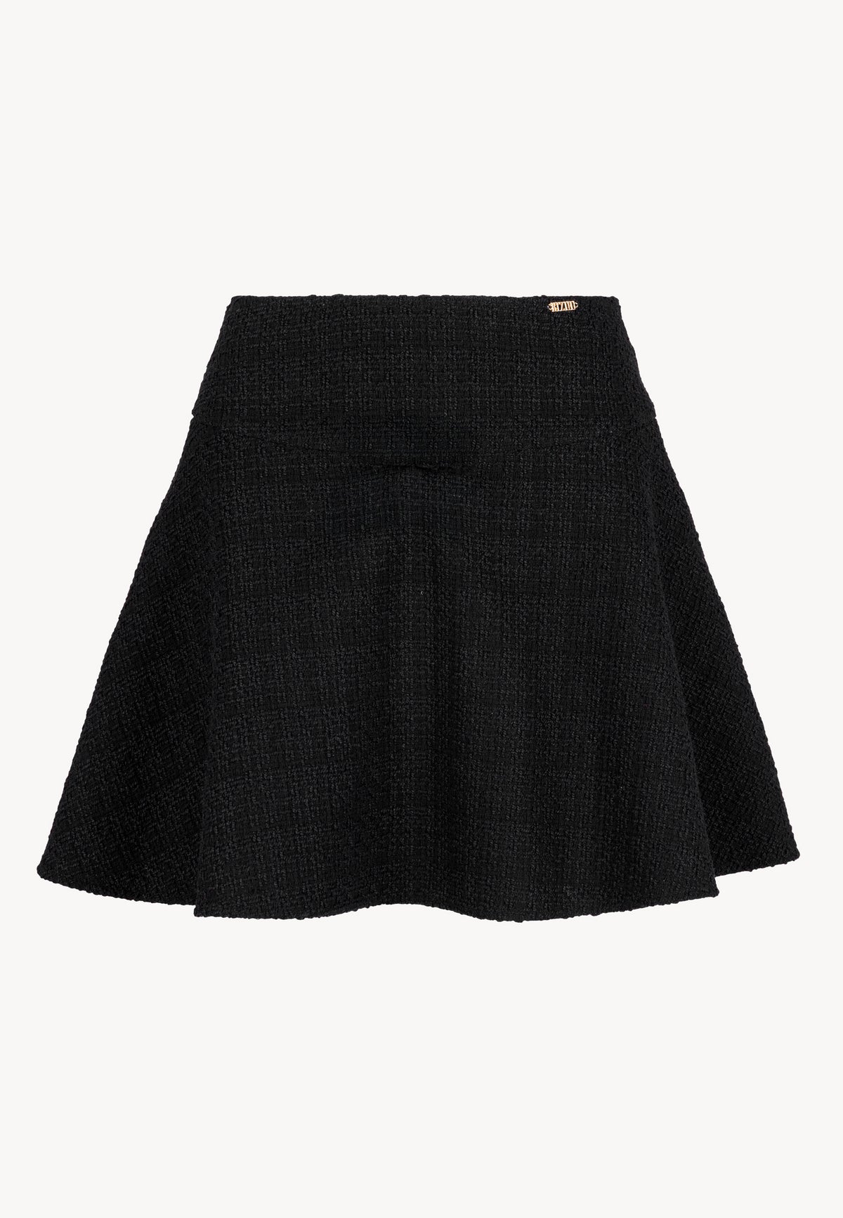 Front view of the black WENDYS mini skirt with gold logo detail at the front.