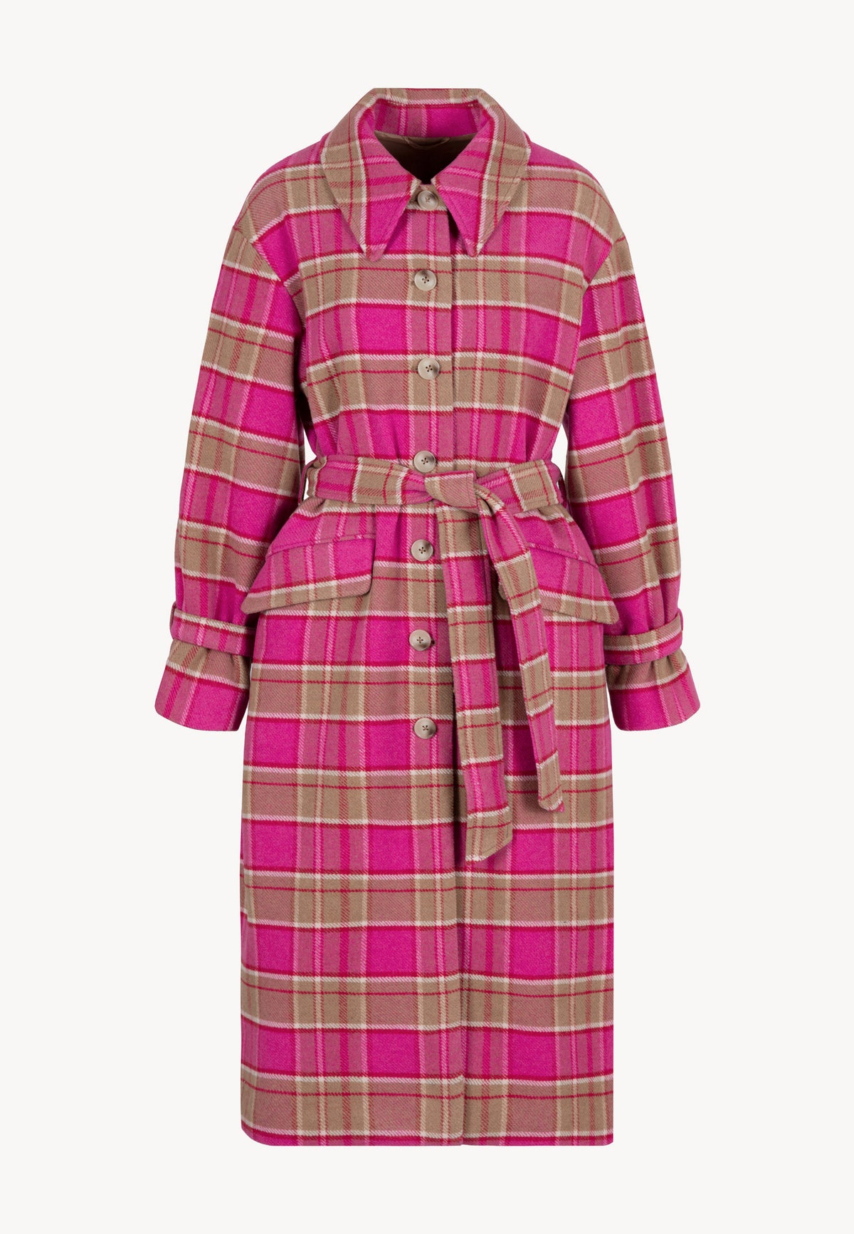The front of a pink WIVINA plaid coat tied at the waist against a white wall.