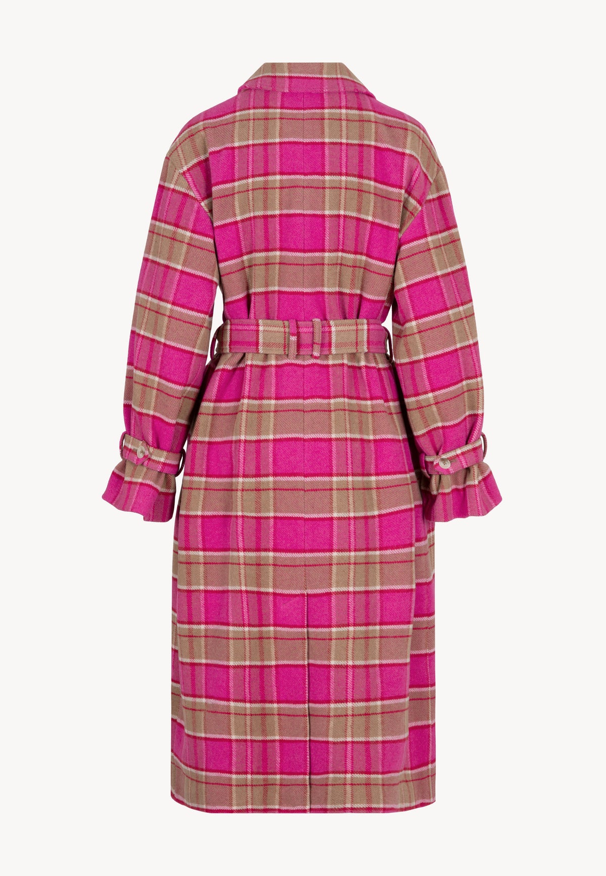 The back of a pink WIVINA plaid coat tied at the waist against a white wall.