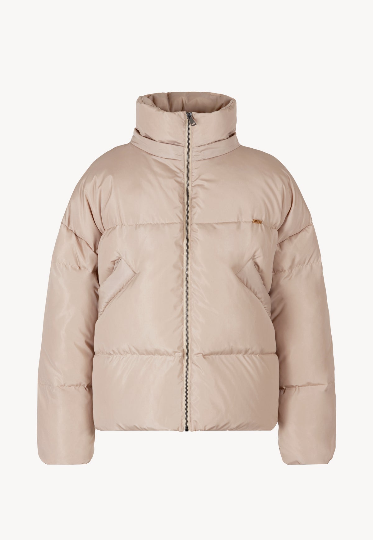 Front view of the black YOKO jacket with natural filling and a gold logo on the front.