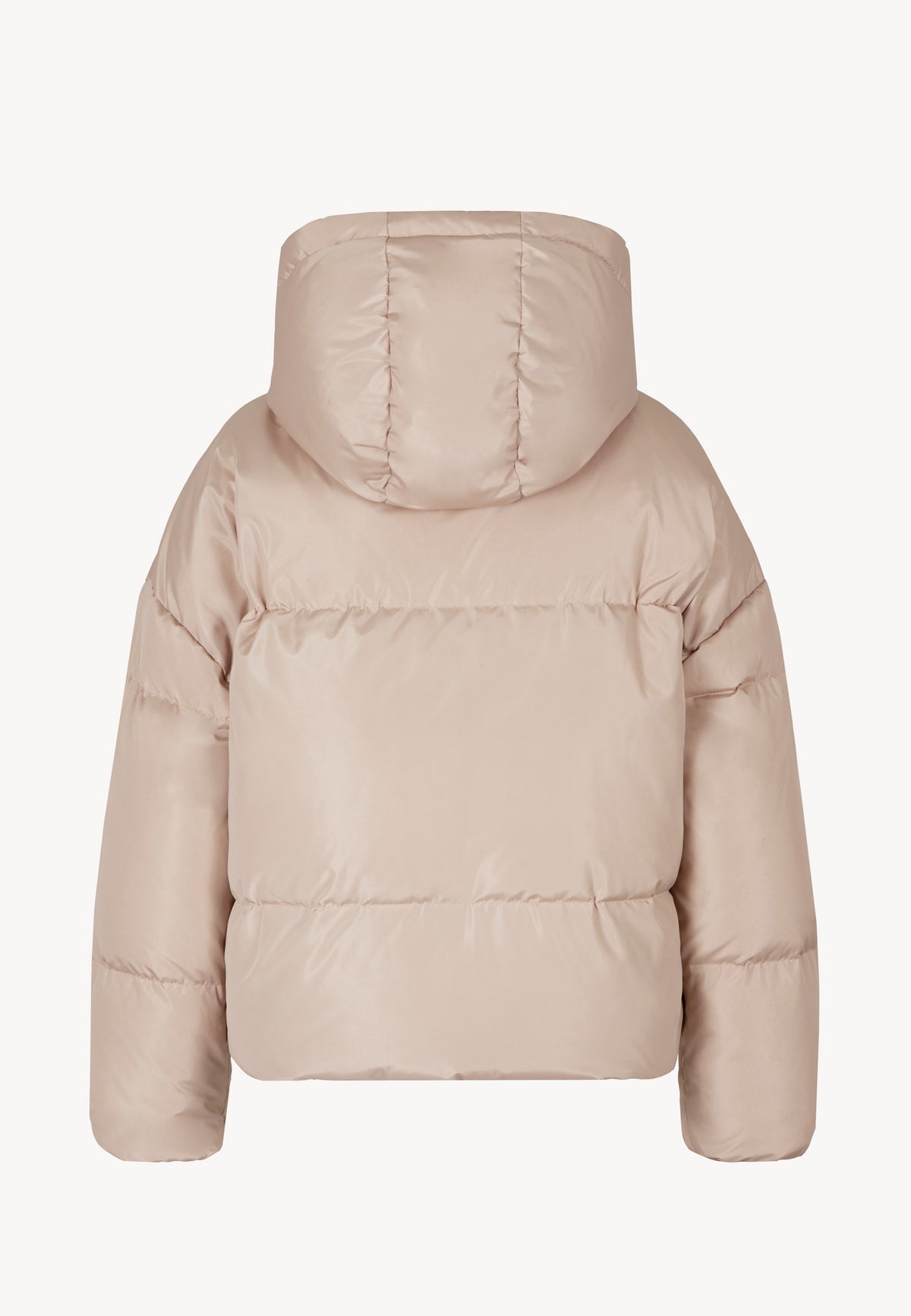 Back view of the black YOKO down jacket with hood.