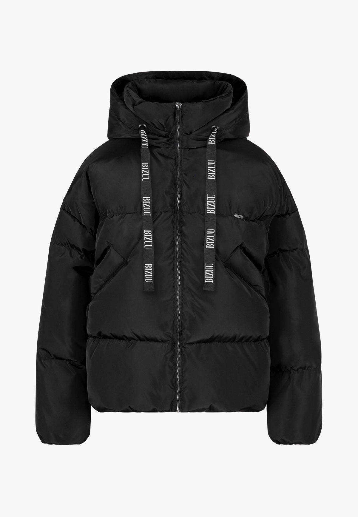 Black YOKO winter down jacket with branded drawstrings and hood.
