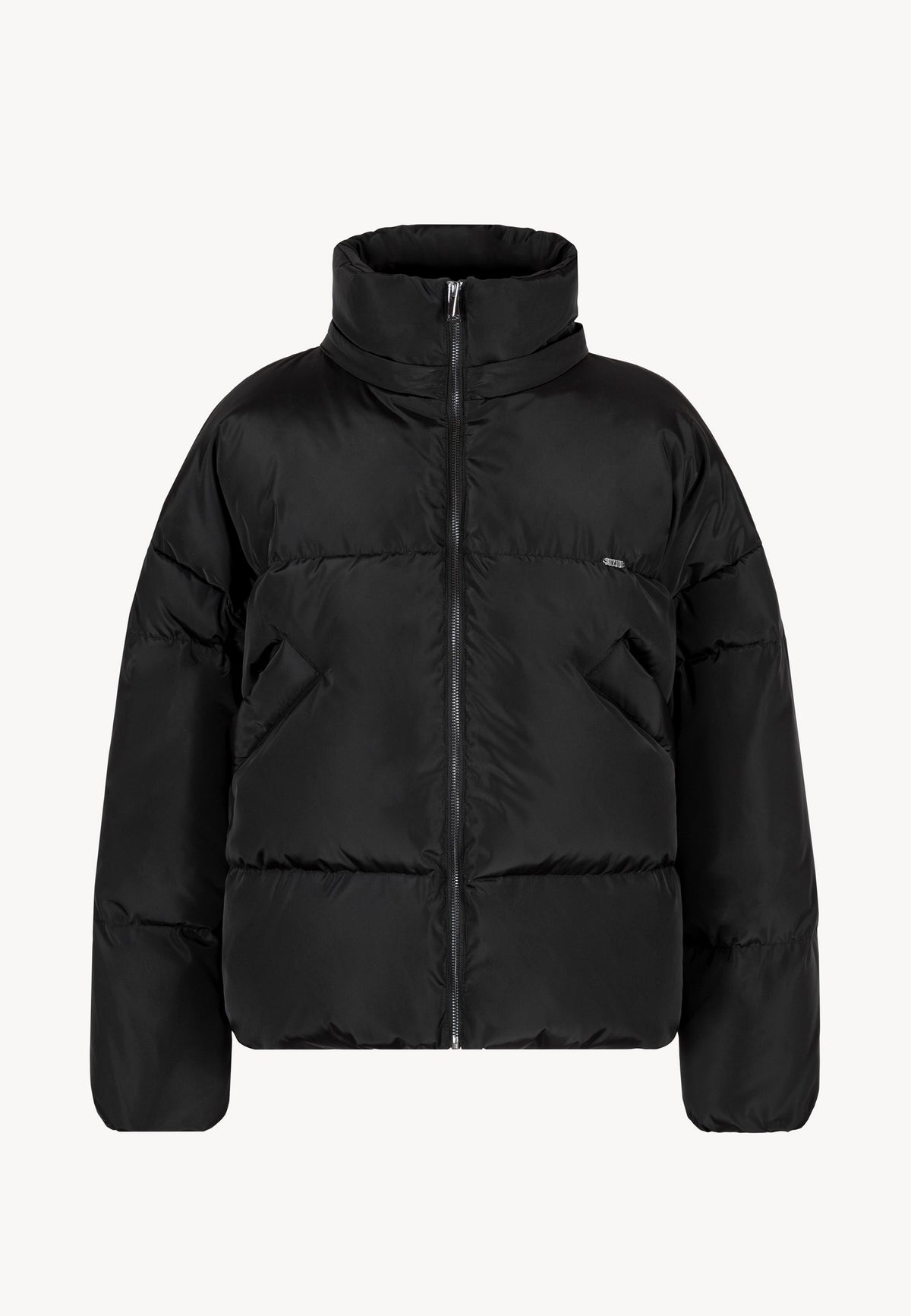 Front view of the black YOKO jacket with natural filling and a gold logo on the front.