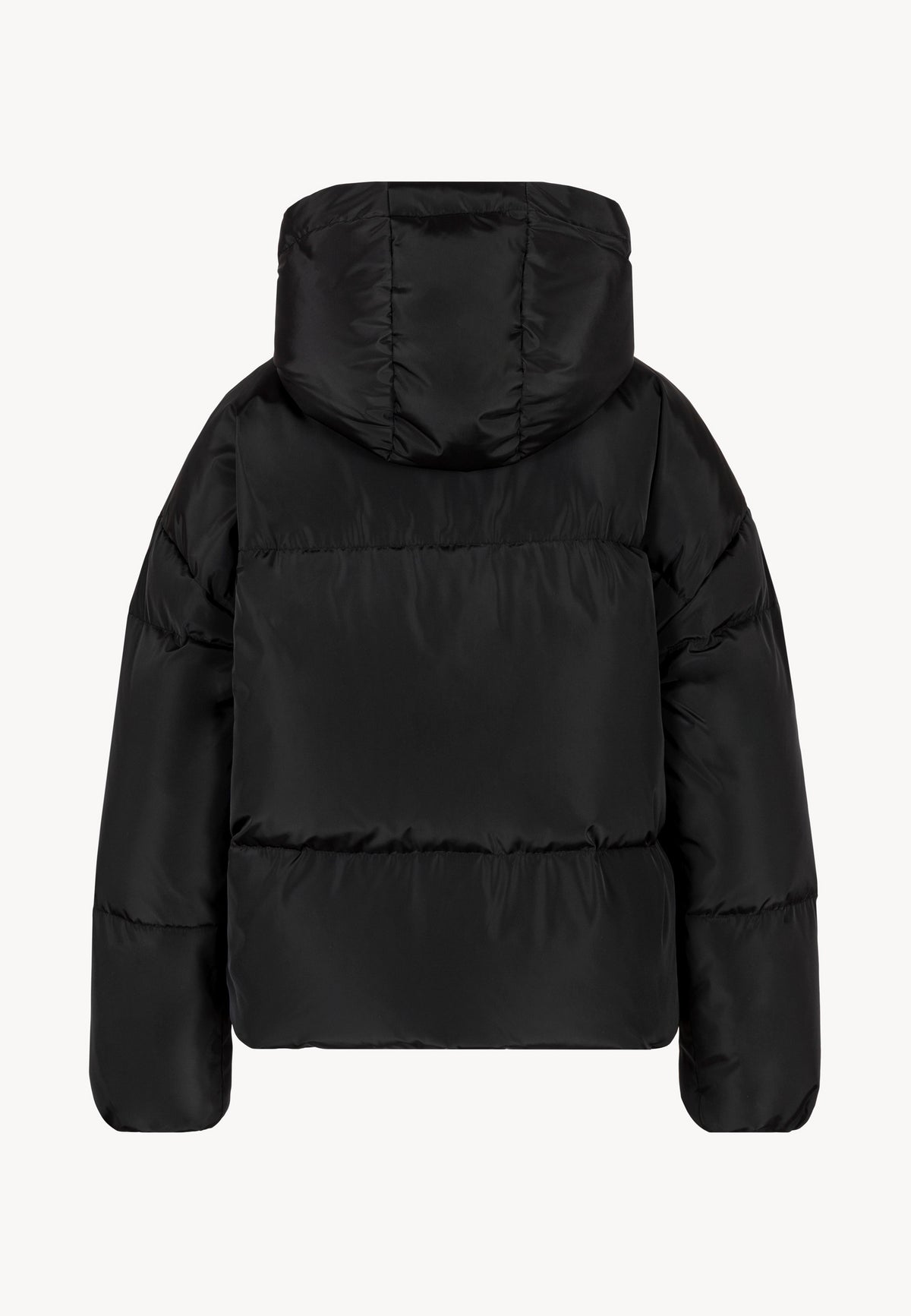Back view of the black YOKO down jacket with hood.