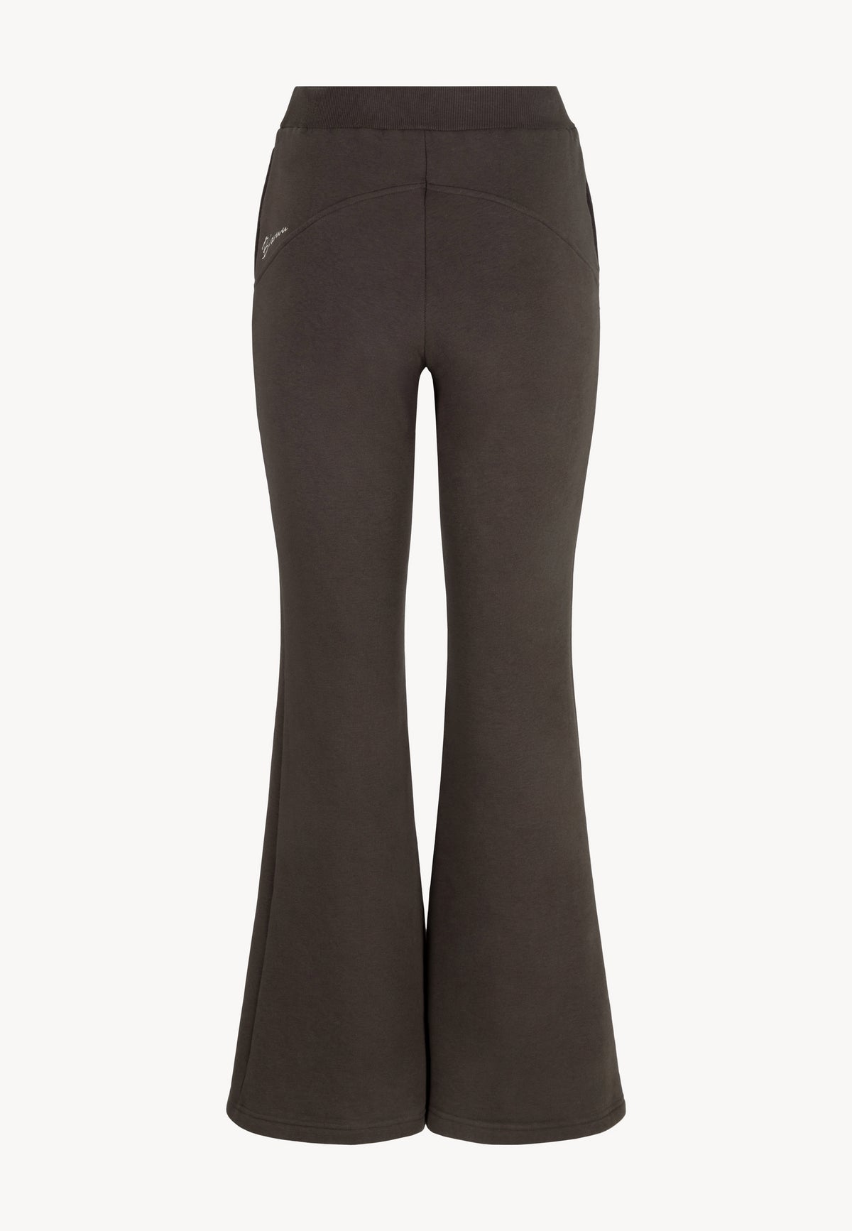 Back view of the ZEIA wide-leg sweatpants with embroidered detail at the back.