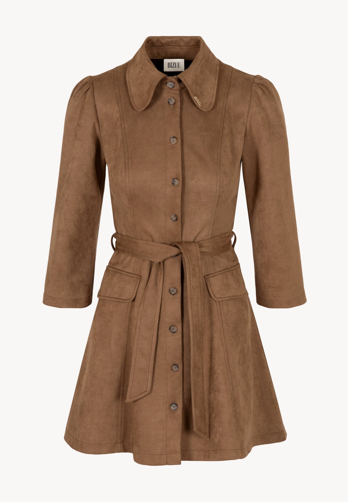 Front view of the suede shirt-style ZORELLE dress.