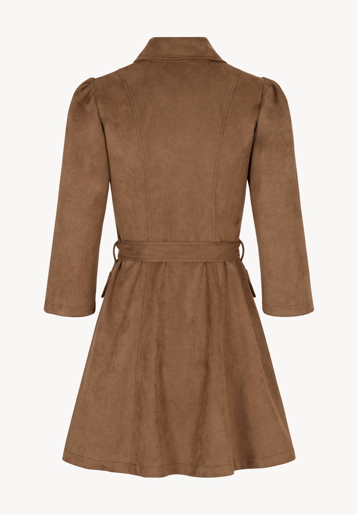 Back view of the suede ZORELLE dress with a flared hem.