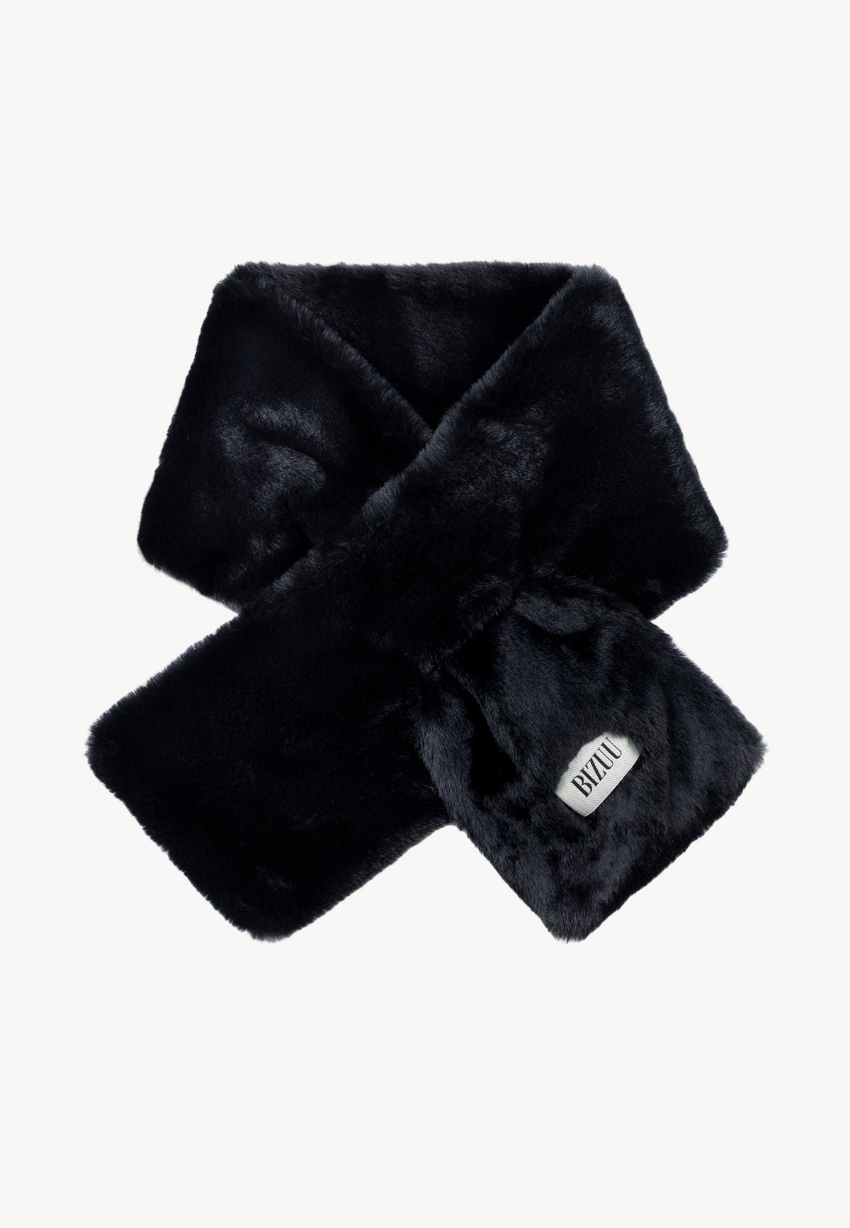 Black faux fur FLUFFY scarf with a branded label on the front.