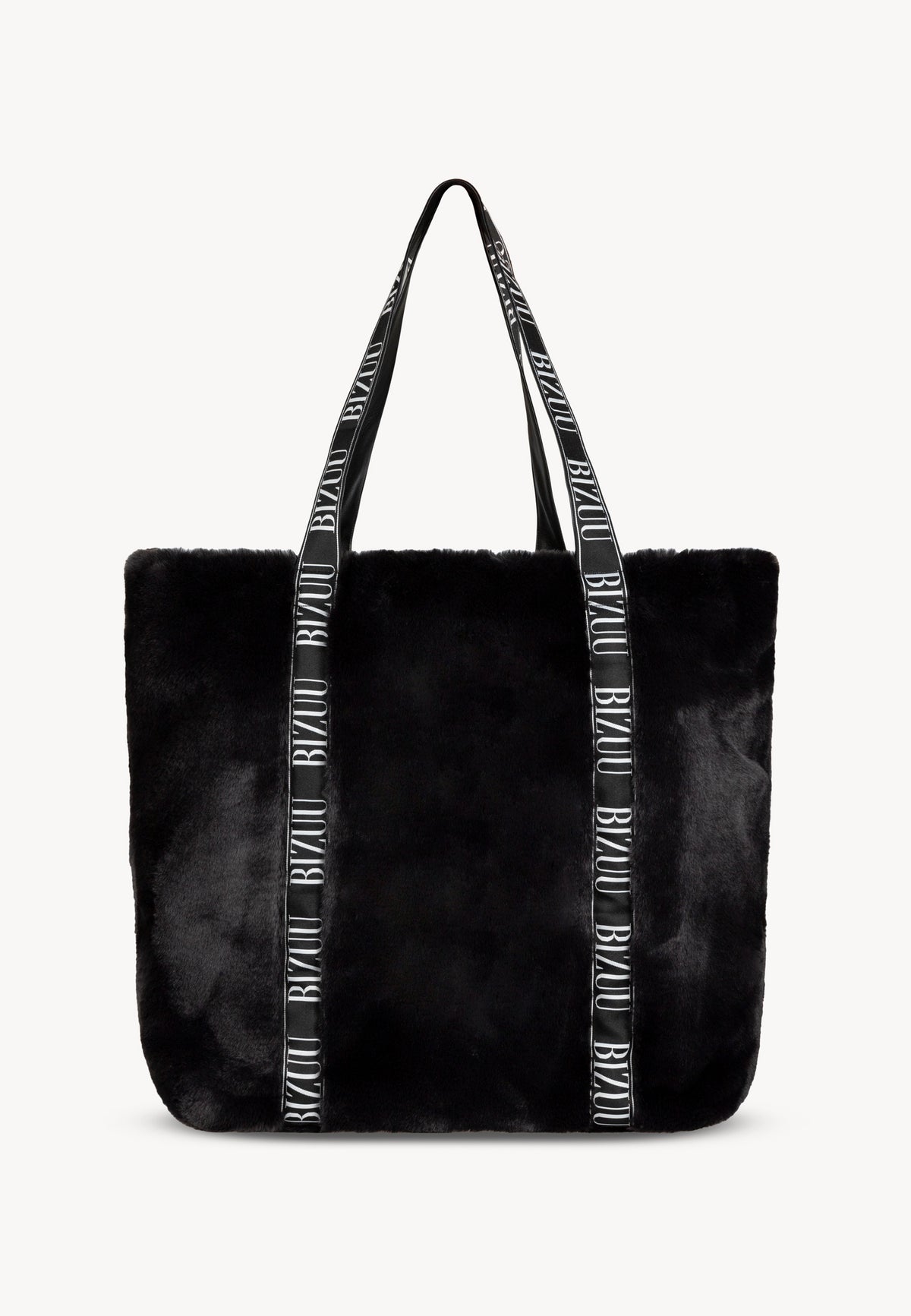 Black faux fur FUZZY bag with branded straps.