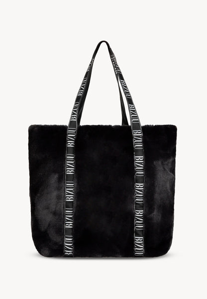 Black faux fur bag FUZZY with branded tape.