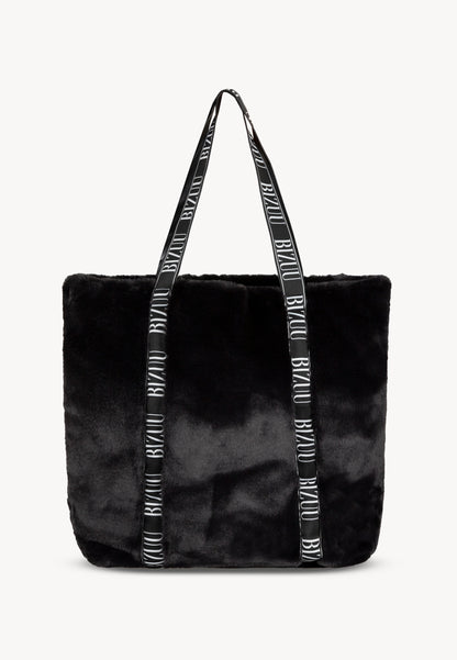 Black faux fur bag FUZZY with branded tape.