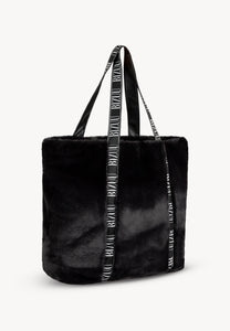 Black faux fur bag FUZZY with branded tape.