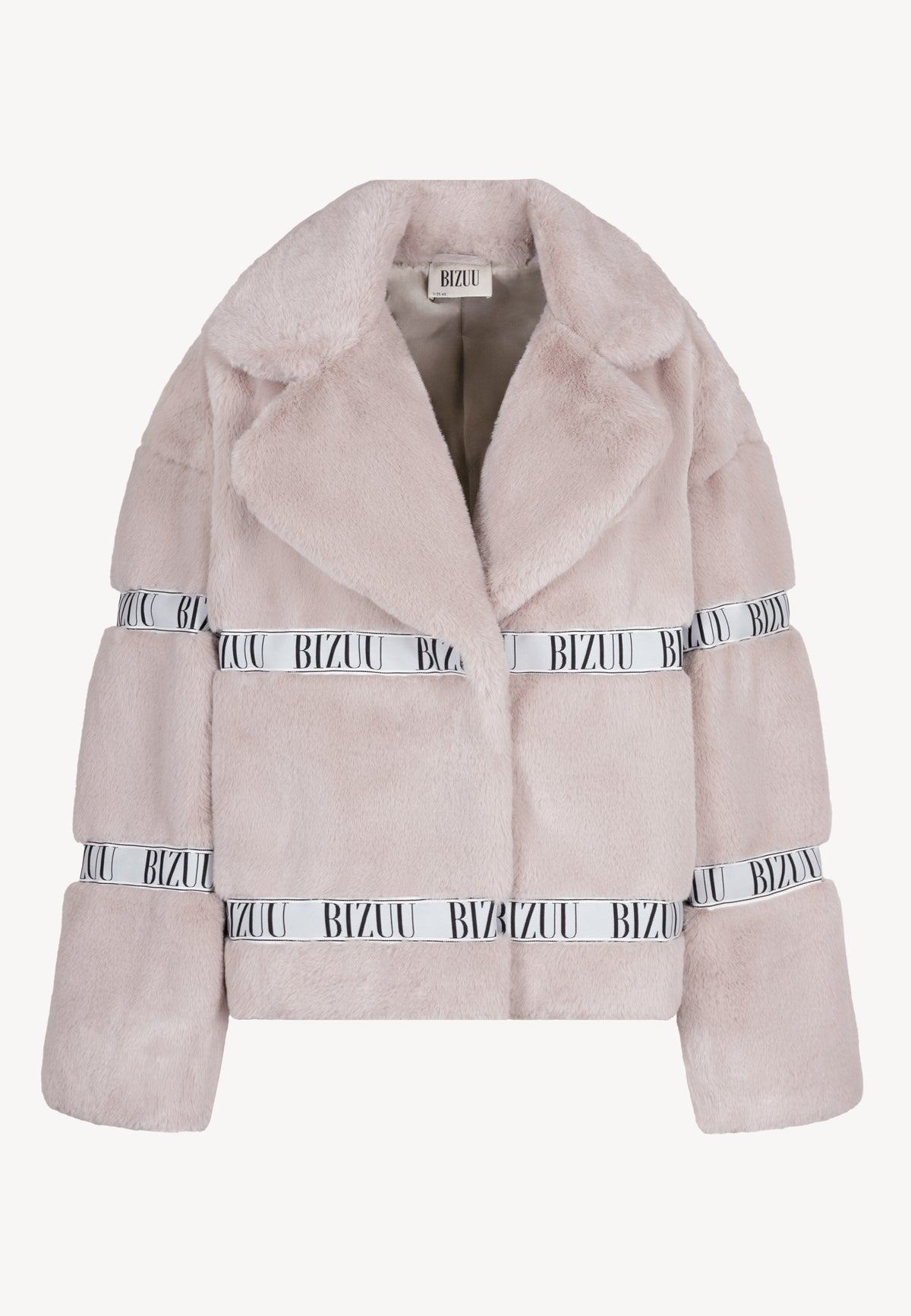 Front view of the boxy short GREGORIA faux fur coat with logo tape.