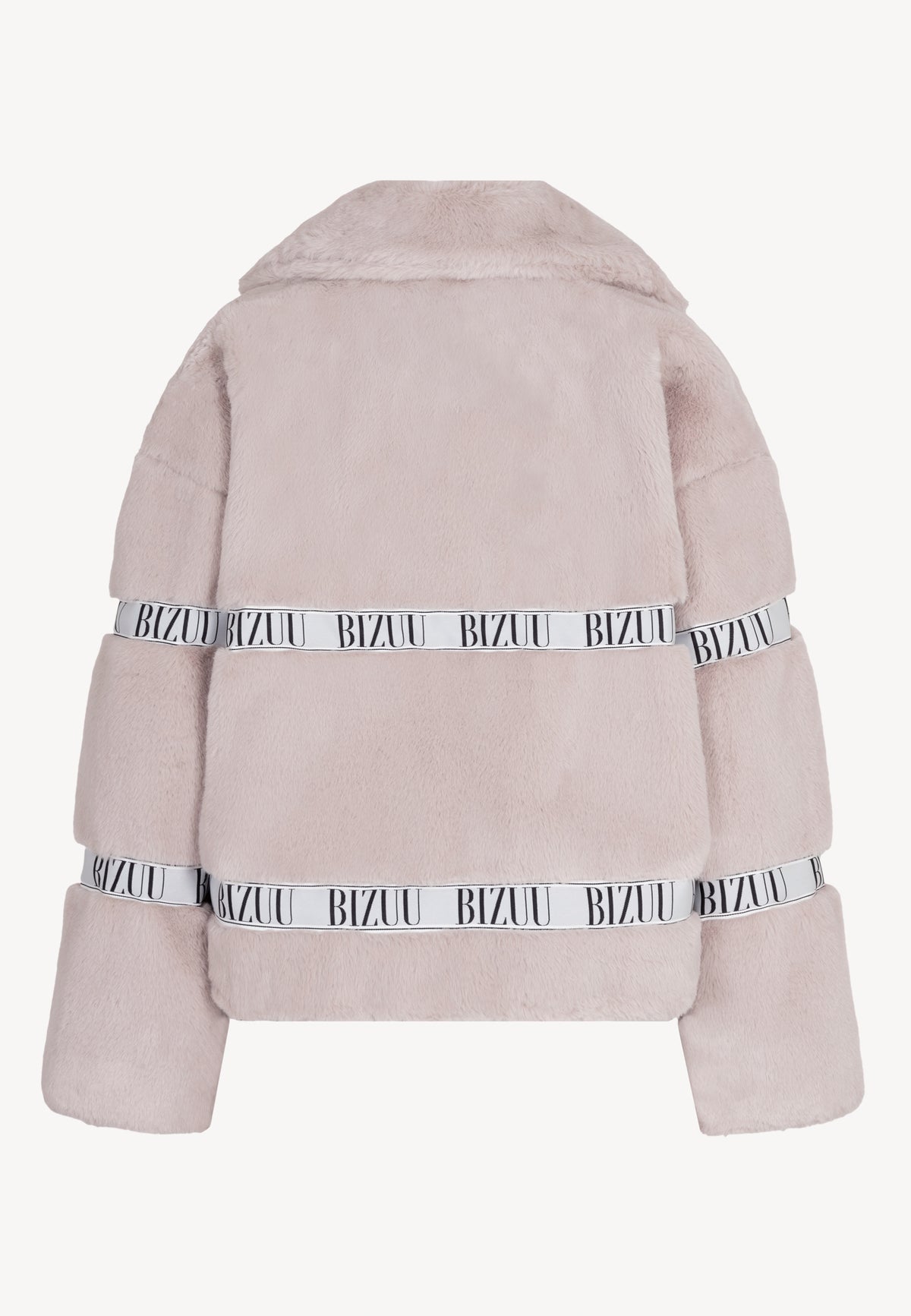 Back view of the beige short GREGORIA faux fur coat with branded stripe.