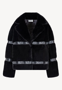 Black GREGORIA short faux fur coat with branded side stripes