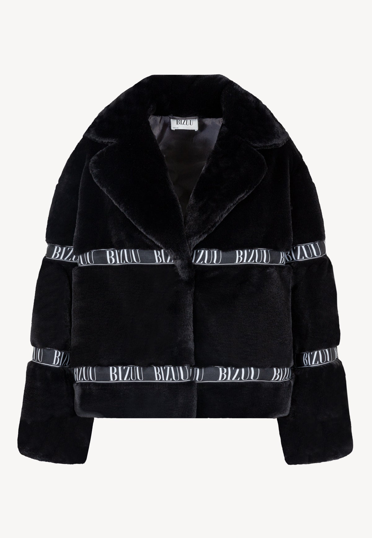 Front view of the short black GREGORIA faux fur coat with logo detail.