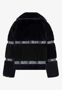Black GREGORIA short faux fur coat with branded side stripes