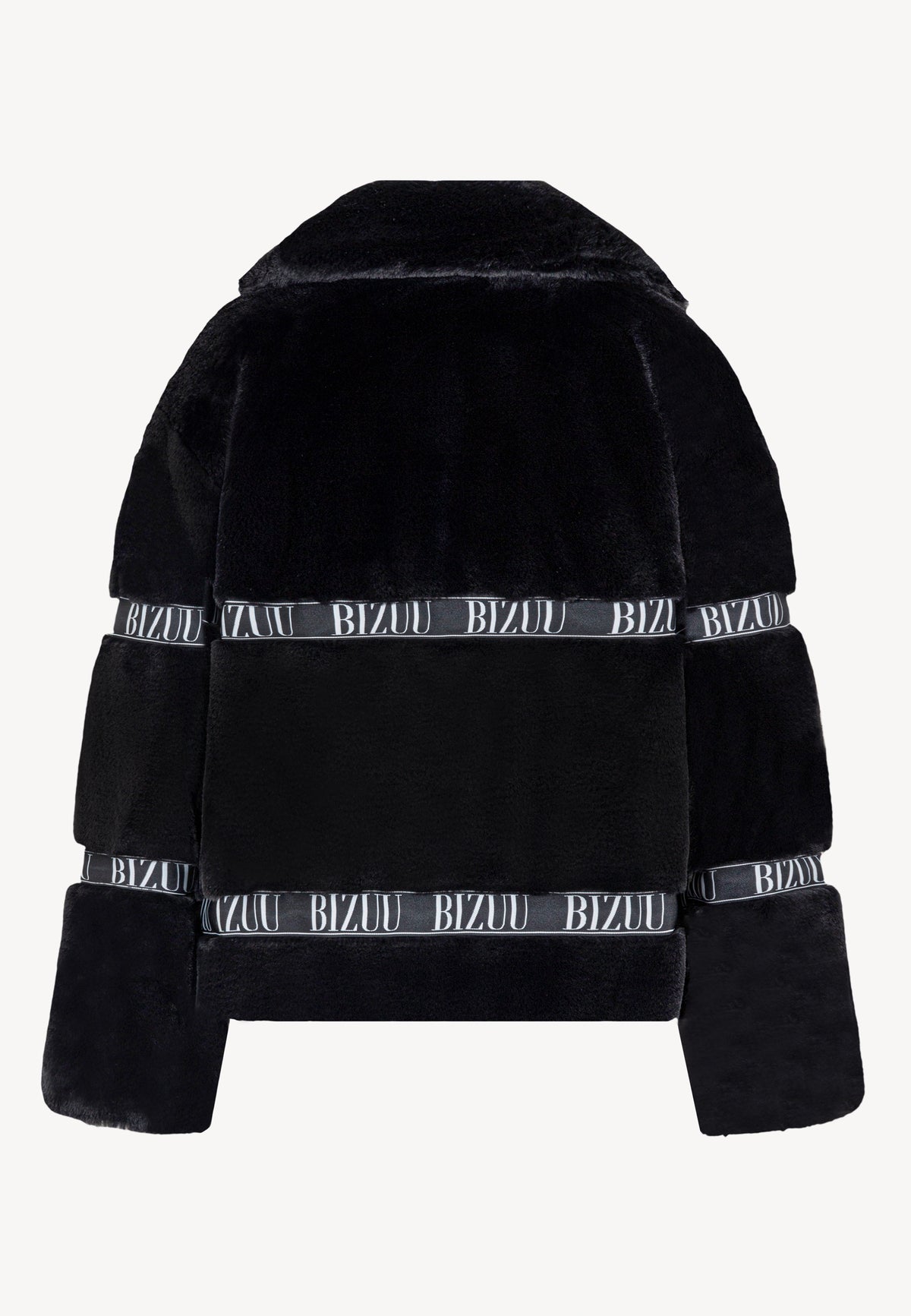 Back view of the black short GREGORIA coat with black logo tape.