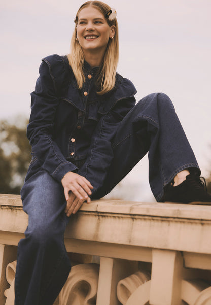 Navy blue denim shirt with stand-up collar DILETTA