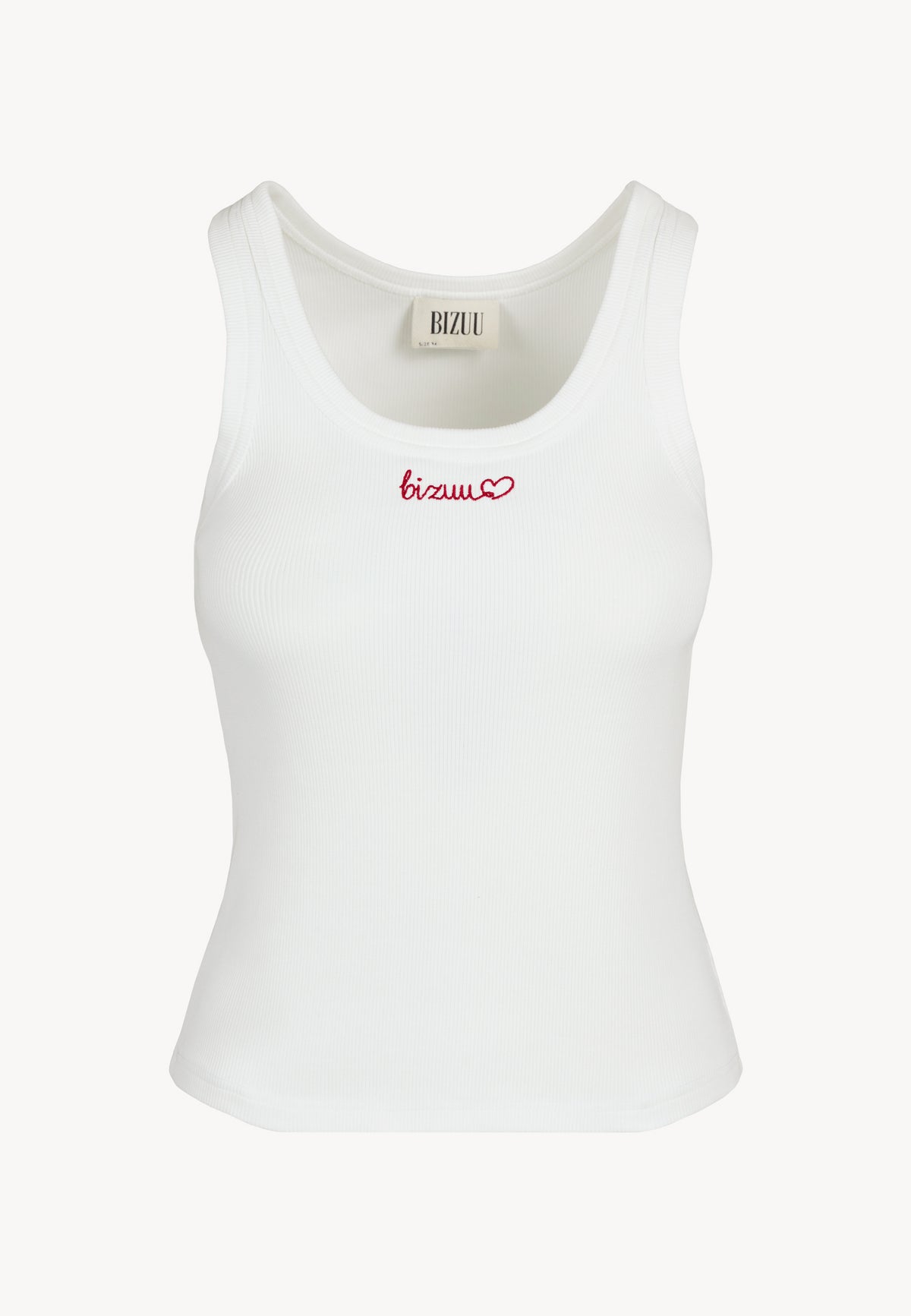 Front of white top with black Bizuu lettering ending with LOVIE heart.