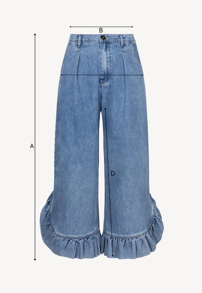 NELLA denim trousers with wide legs and a ruffle detail.