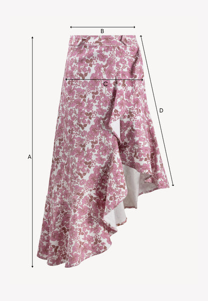 Asymmetrical NIIAM denim skirt in a pink floral print