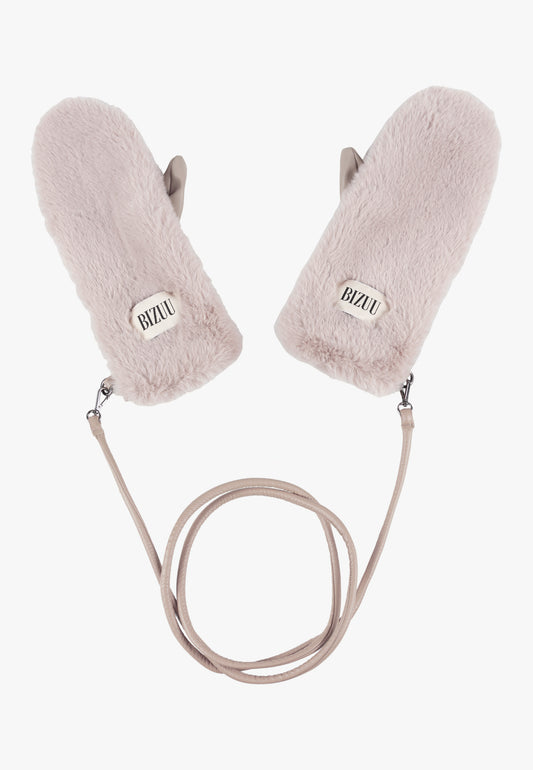 Beige faux fur ROKKA gloves with a branded logo label