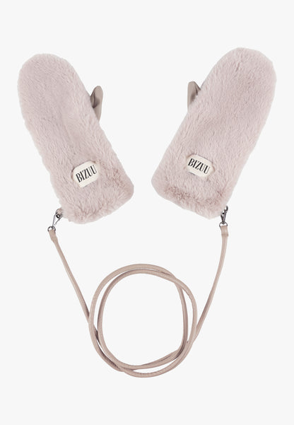 Beige faux fur ROKKA gloves with a branded logo label