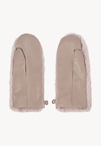 Beige faux fur ROKKA gloves with a branded logo label