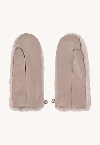 Beige faux fur ROKKA gloves with a branded logo label