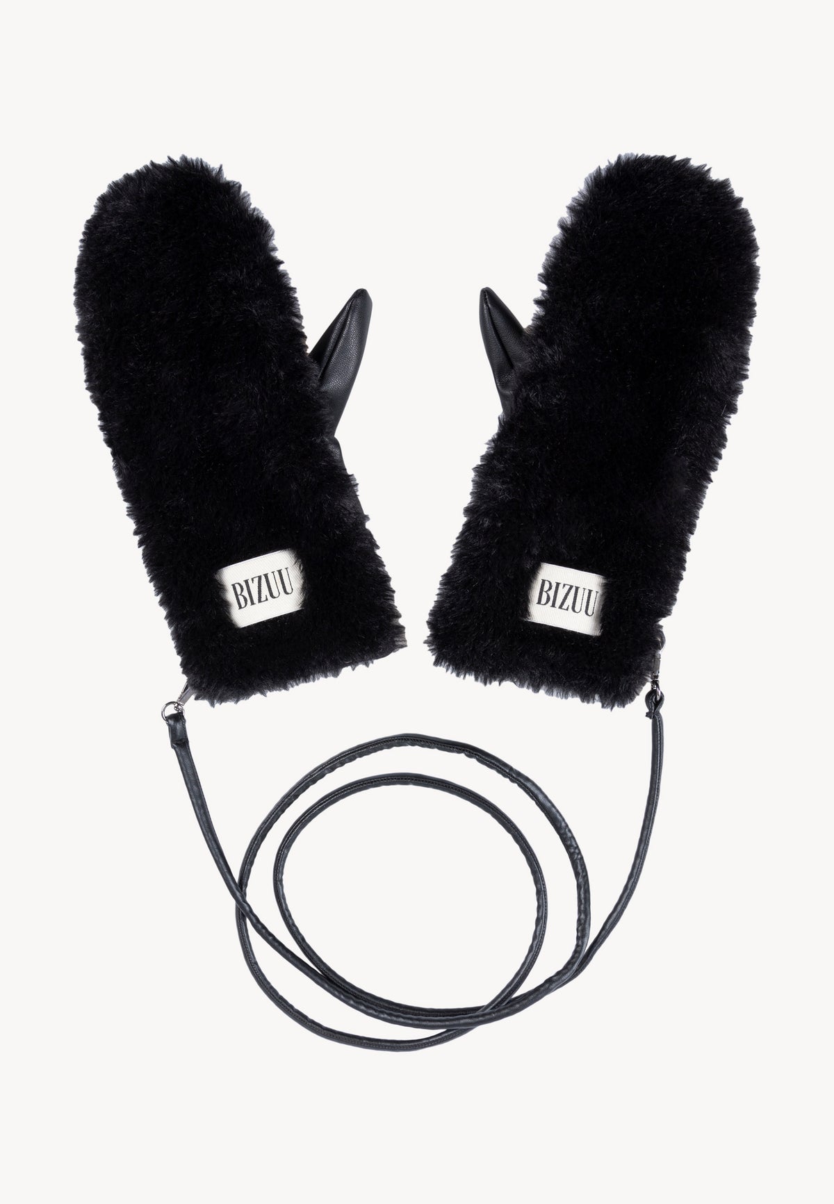 Black faux fur ROKKA mittens connected with an eco-leather cord.