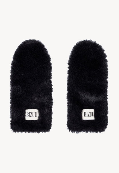 Black faux fur ROKKA gloves with a branded logo label.