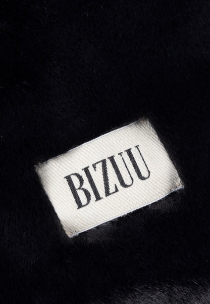 Black faux fur ROKKA gloves with a branded logo label.