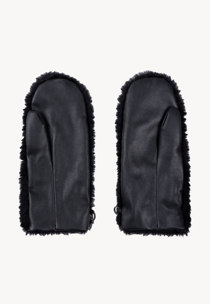 Black faux fur ROKKA gloves with a branded logo label.