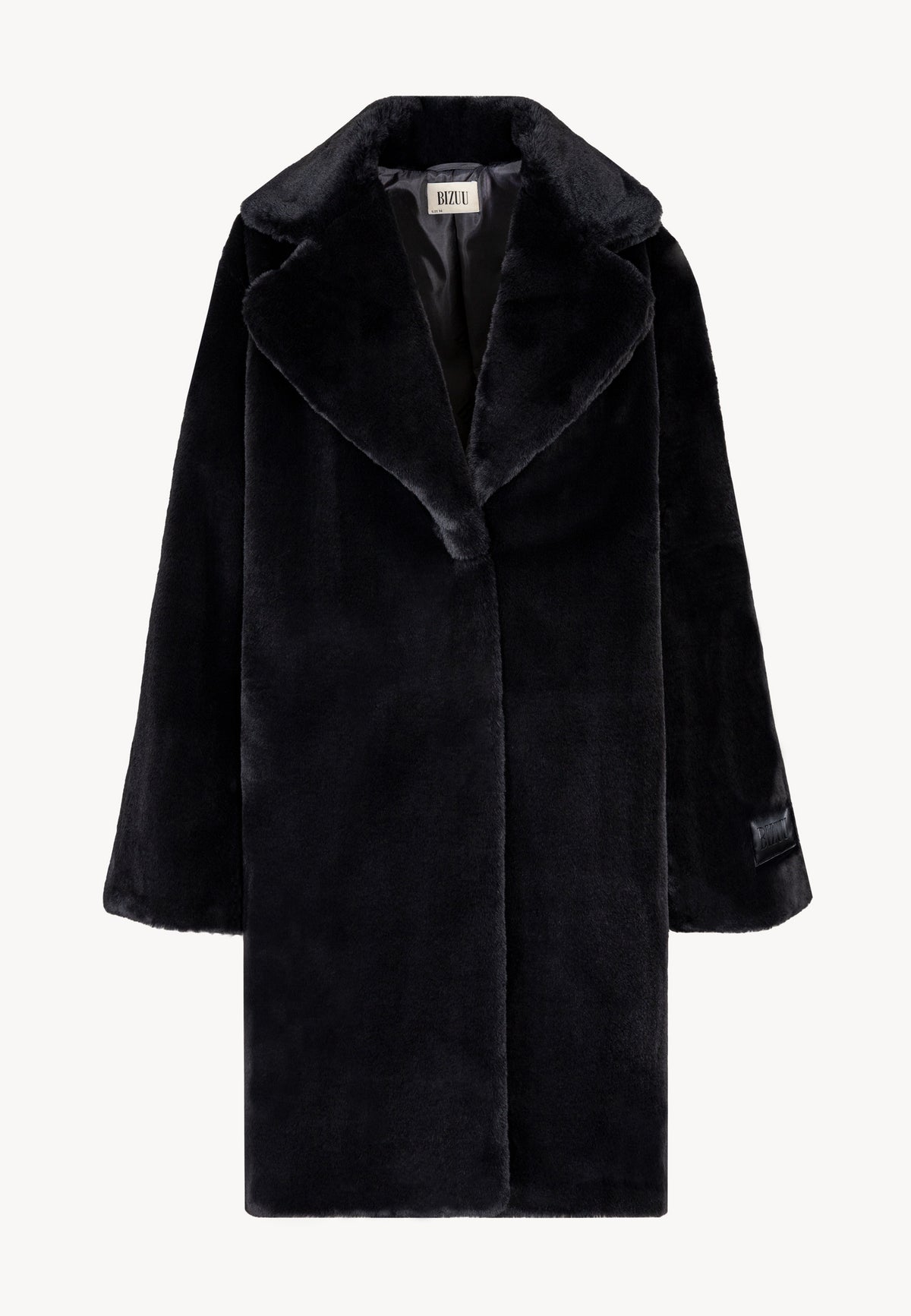 Front view of the black ROMA faux fur coat with embossed logo detail on the sleeve.