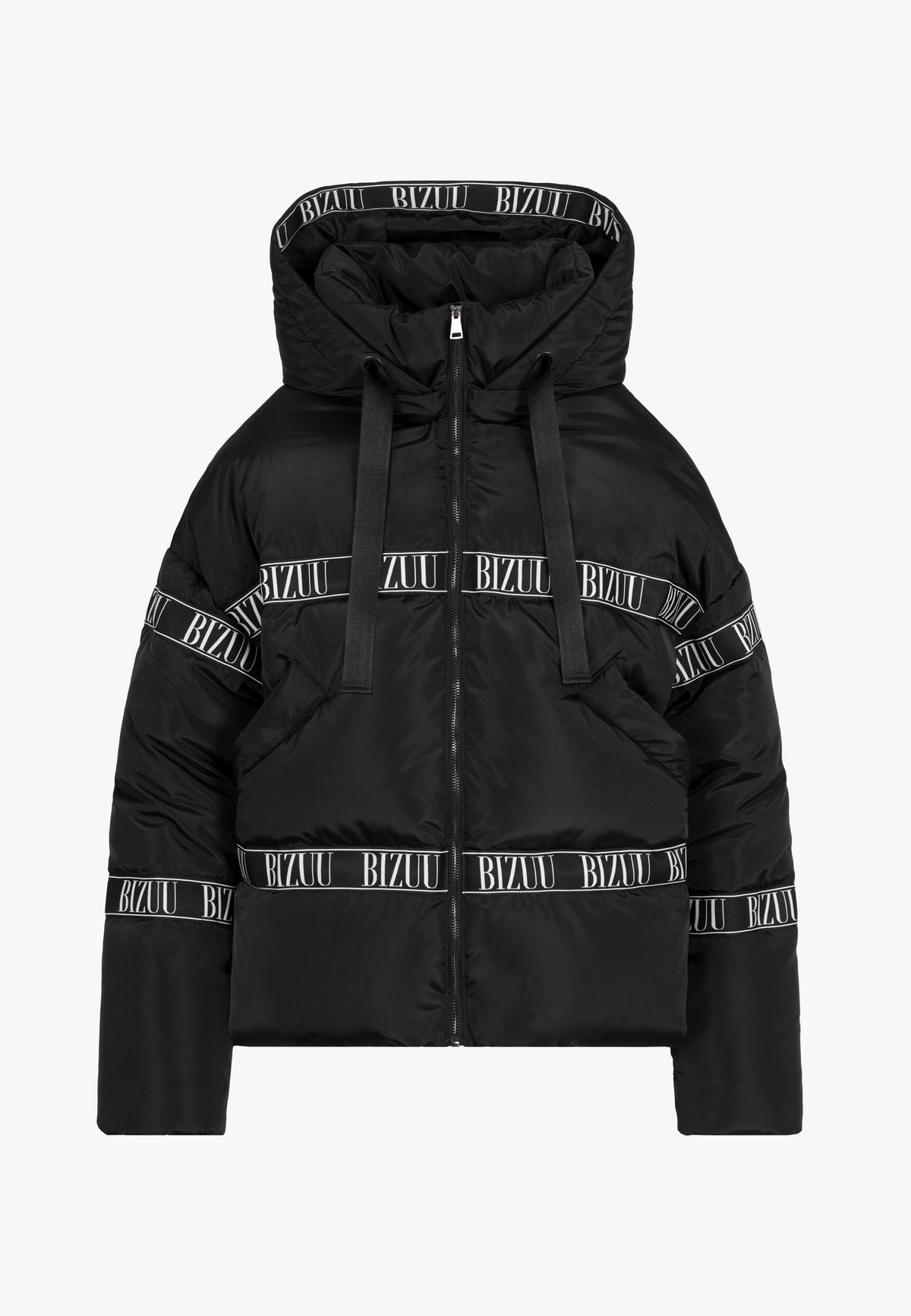 Black winter down jacket TOKYO with a branded stripe and hood.