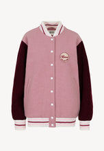 Load image into Gallery viewer, BASSIA pink bomber jacket with a logo patch on the back
