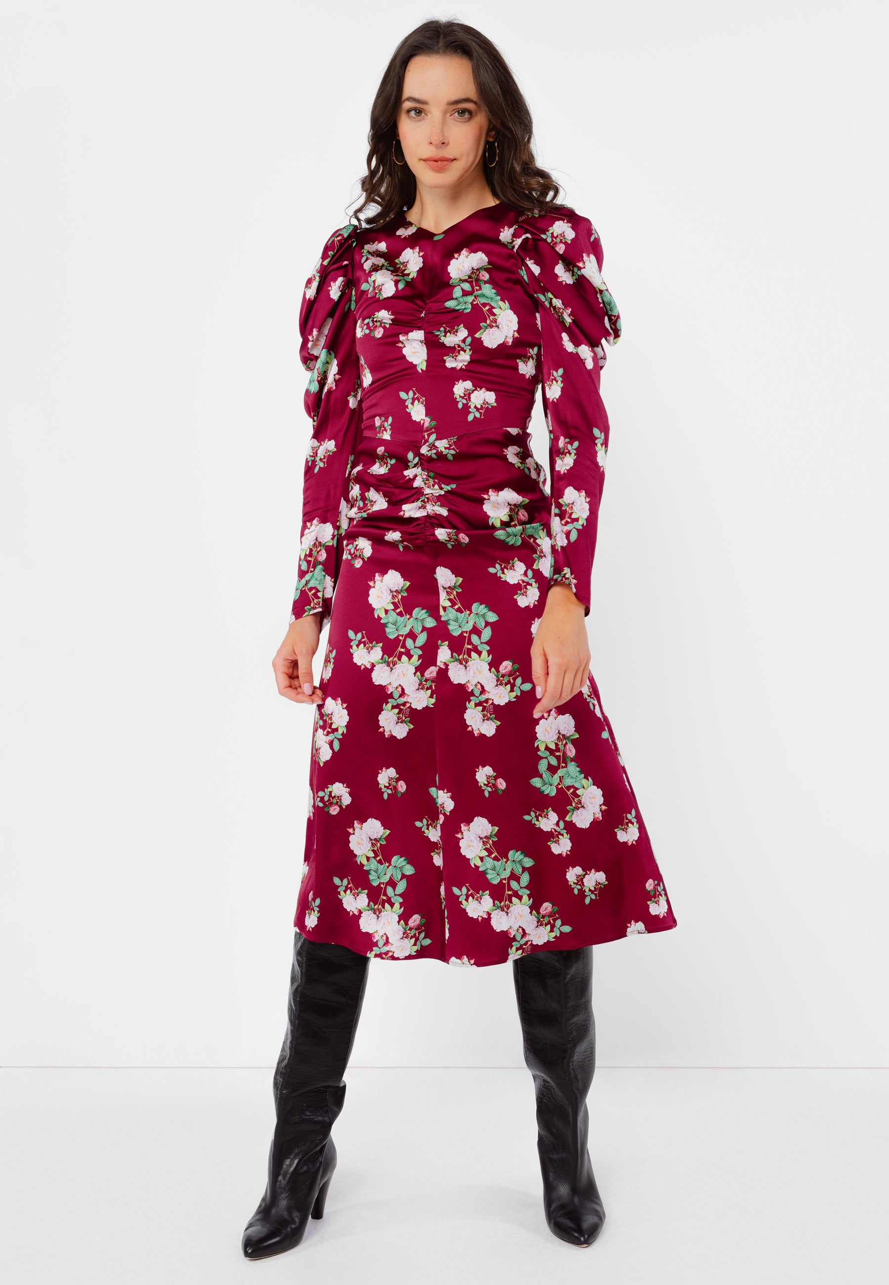 LAPLAZI burgundy midi dress with a delicately pointed neckline