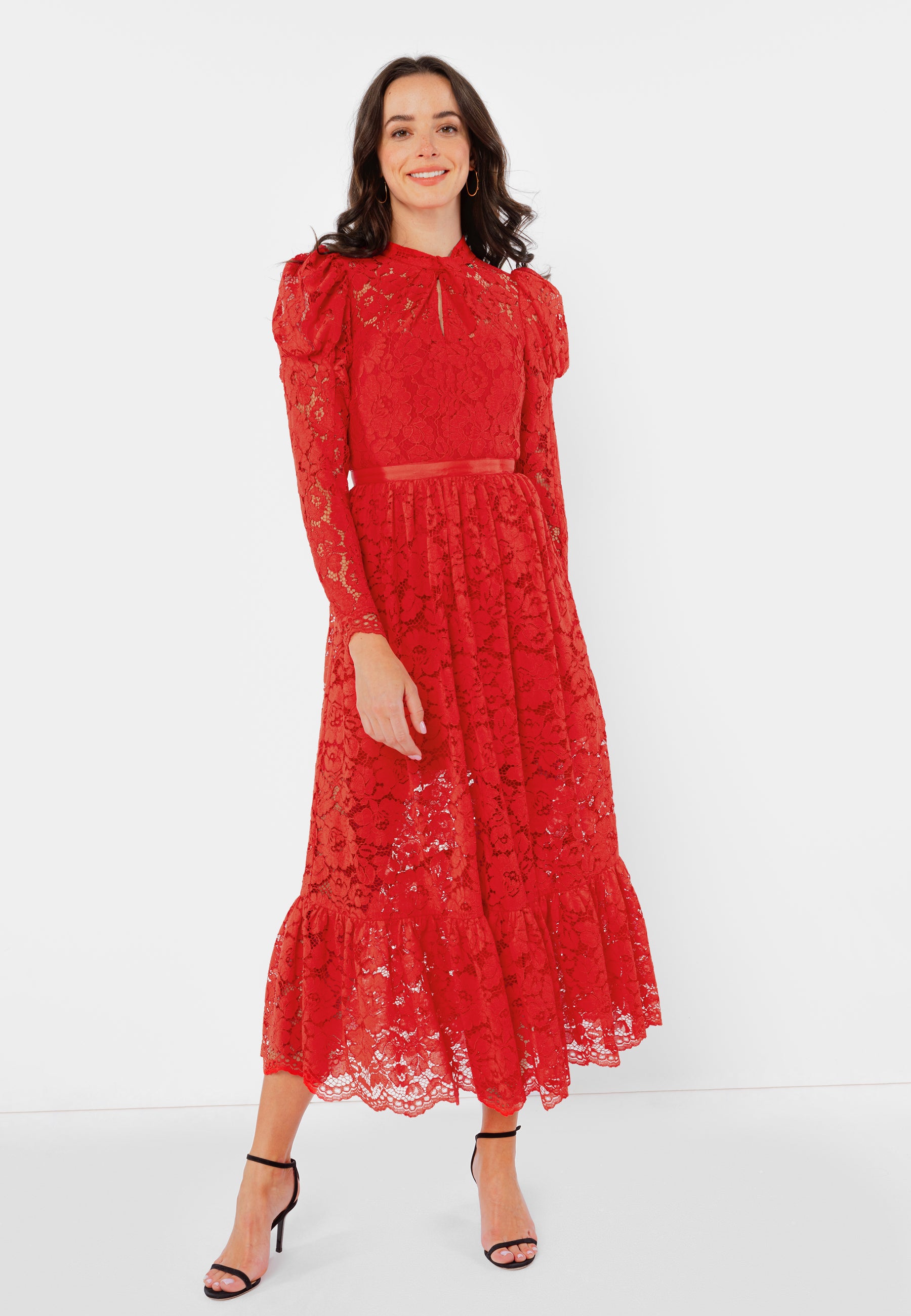 SADIM elegant red lace midi dress