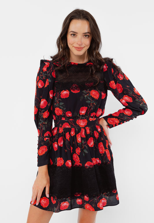 SMEG black mini dress with a botanical pattern and a lace ribbon