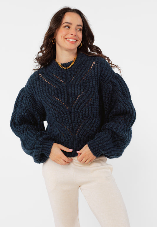 CEJBA navy blue openwork jumper with buff sleeves