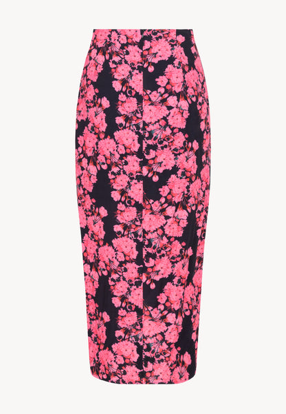 BUALA black wrap midi skirt with a floral print