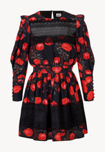Load image into Gallery viewer, SMEG black mini dress with a botanical pattern and a lace ribbon