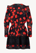 Load image into Gallery viewer, SMEG black mini dress with a botanical pattern and a lace ribbon